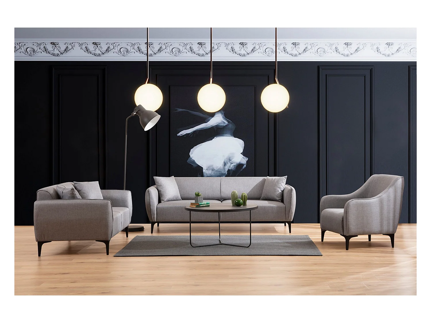 Elegante fauteuil, grijze stof, beukenhouten frame, 94x87x77 cm | 100% polyester, kussens van schuim en veren, inclusief 2 kussens | Ontwerp