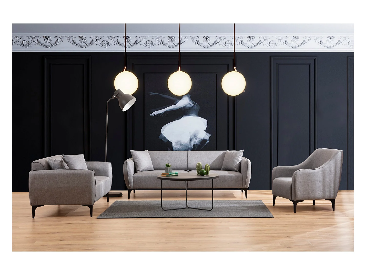 Elegante fauteuil, grijze stof, beukenhouten frame, 94x87x77 cm | 100% polyester, kussens van schuim en veren, inclusief 2 kussens | Ontwerp