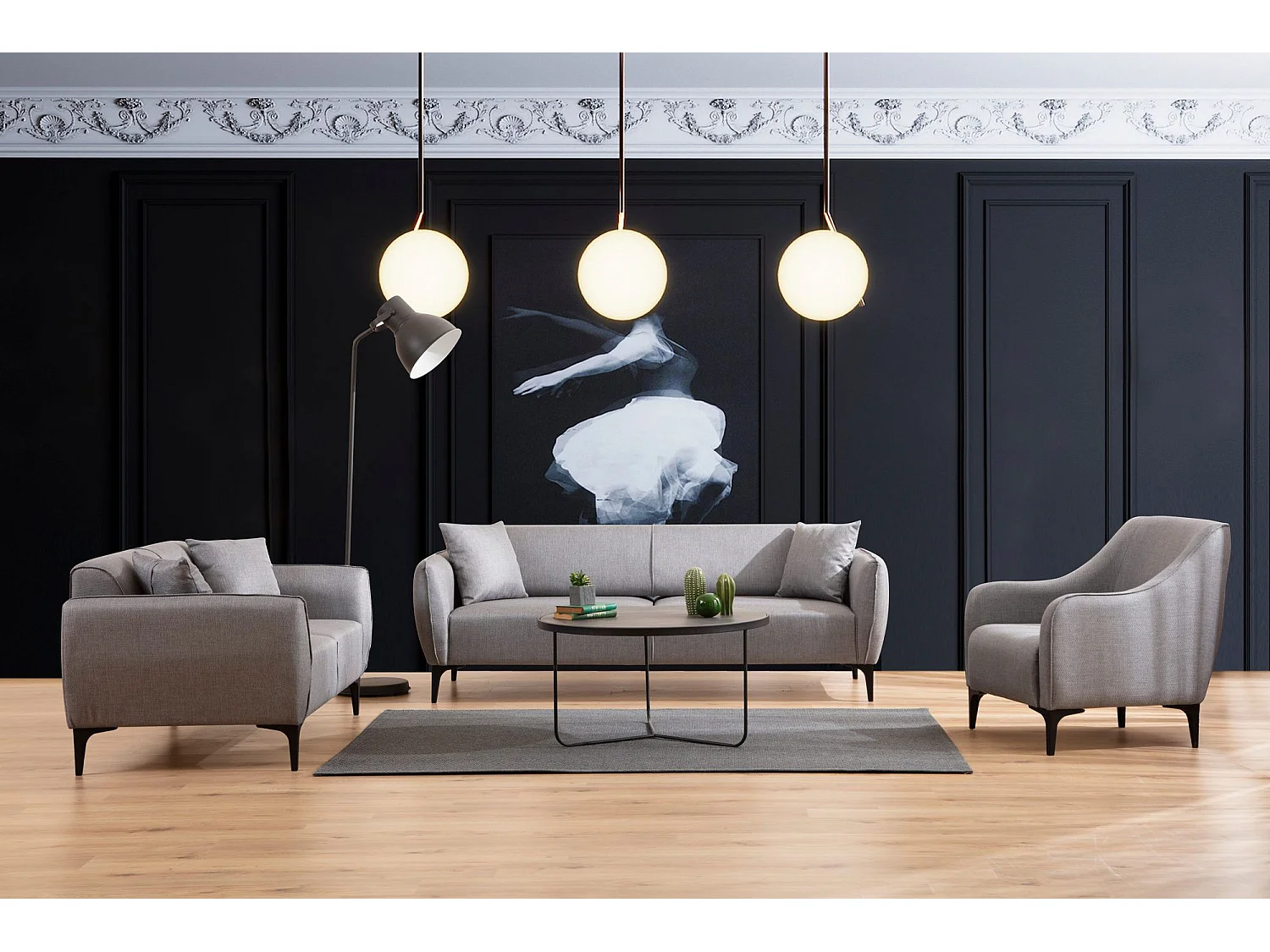 Poltrona Elegante, Tecido Cinza, Estrutura em Madeira de Faia, 94x87x77 cm | 100% Poliéster, Almofadas de Espuma e Penas, Inclui 2 Travesseiros | Desi