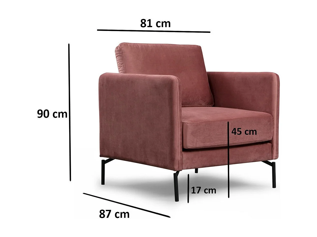 Eleganter rosa Sessel, Rahmen aus Buchenholz und Spanplatte, 81 x 87 x 90 cm | 100 % weicher Polyesterstoff, mattschwarze Metallbeine | Perf