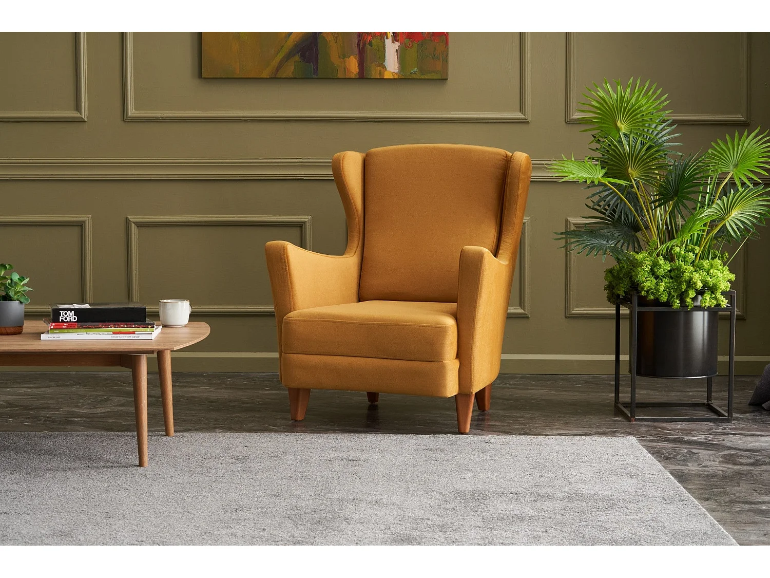 Sillón Altadena 471, Amarillo, 98x77x80cm, Tapiz, Patas: Madera