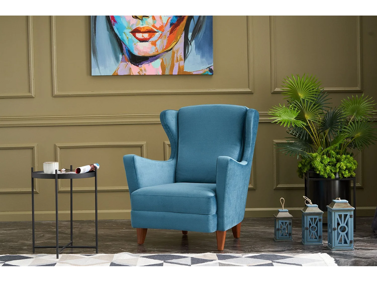 Fauteuil Fernanda Bois massif Naturel et Tissu Turquoise