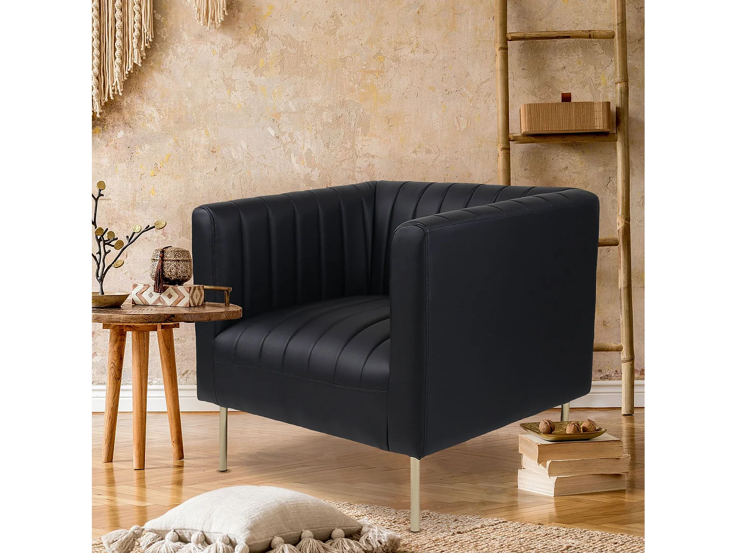 Fauteuil moderne à coutures verticales Sacramento Simili Noir