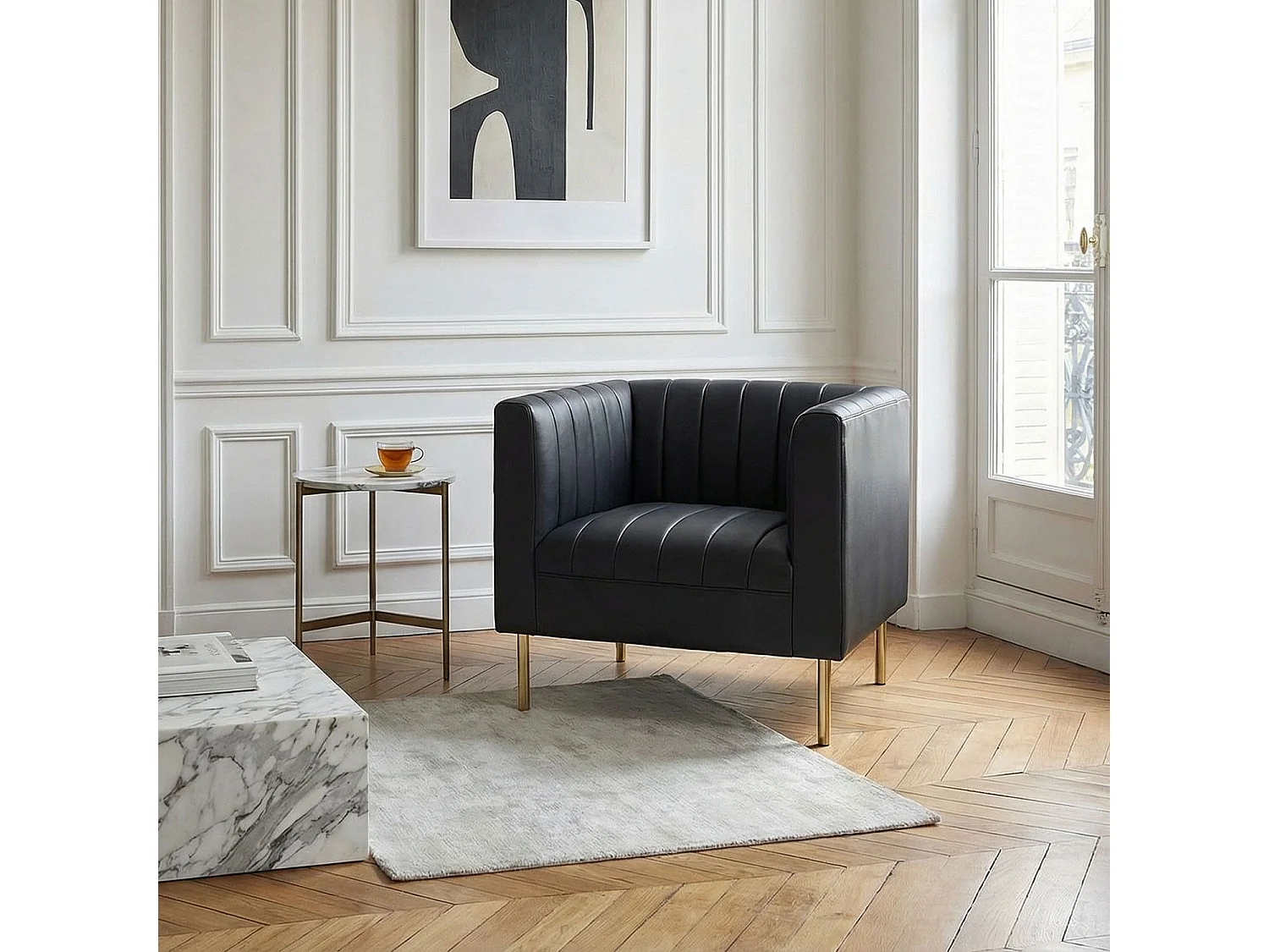 Fauteuil moderne à coutures verticales Sacramento Simili Noir