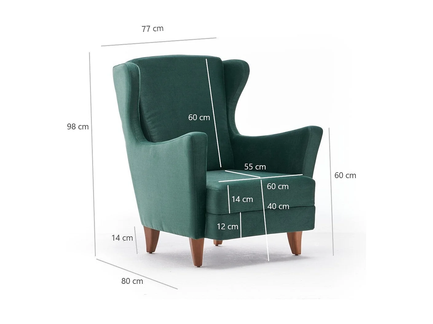 Sillón Elegante – 77x98x80 cm – Verde – Madera de Haya y Terciopelo 100% Poliéster