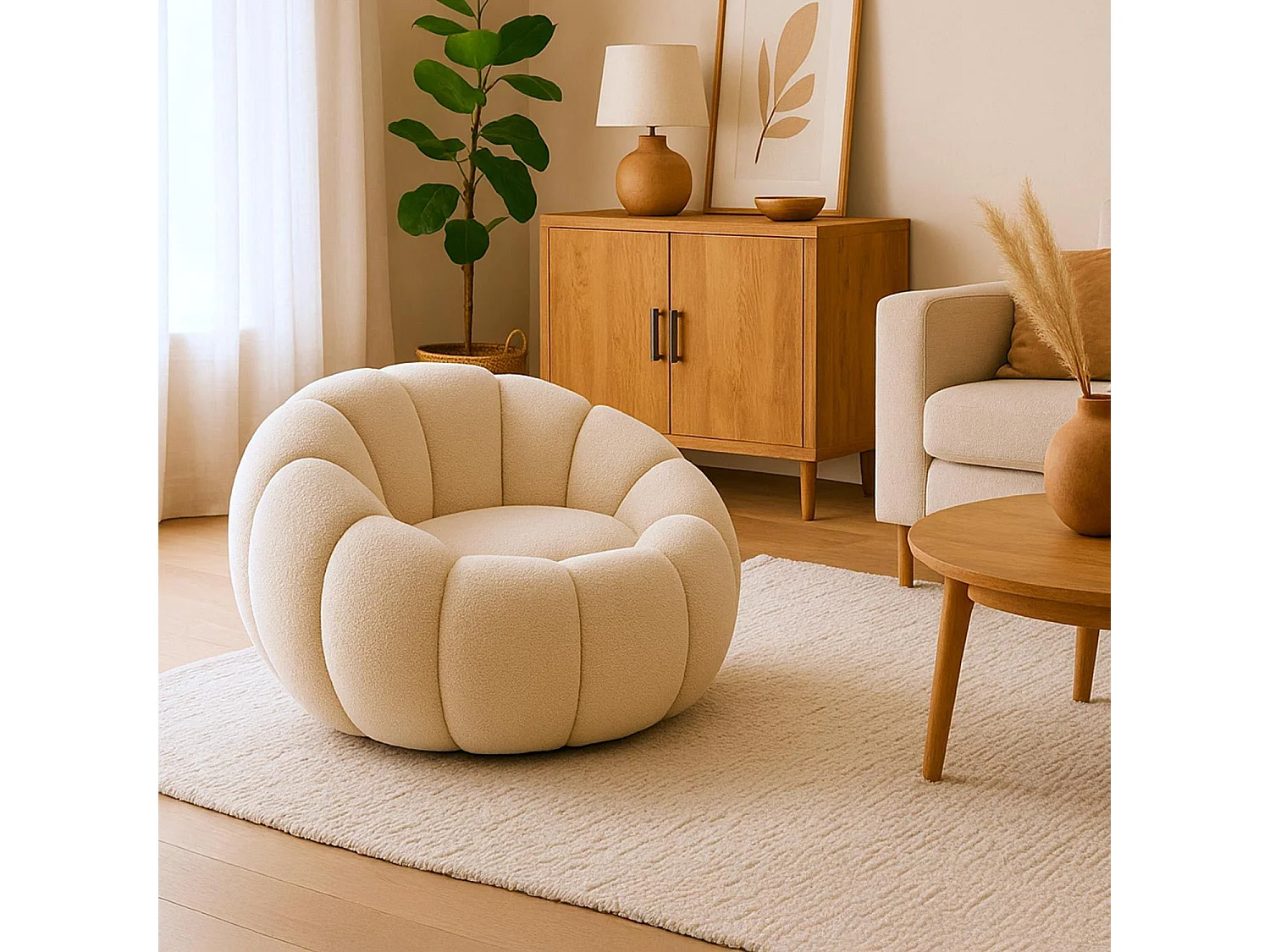 Fauteuil design coquillage Horizan Tissu bouclette Crème