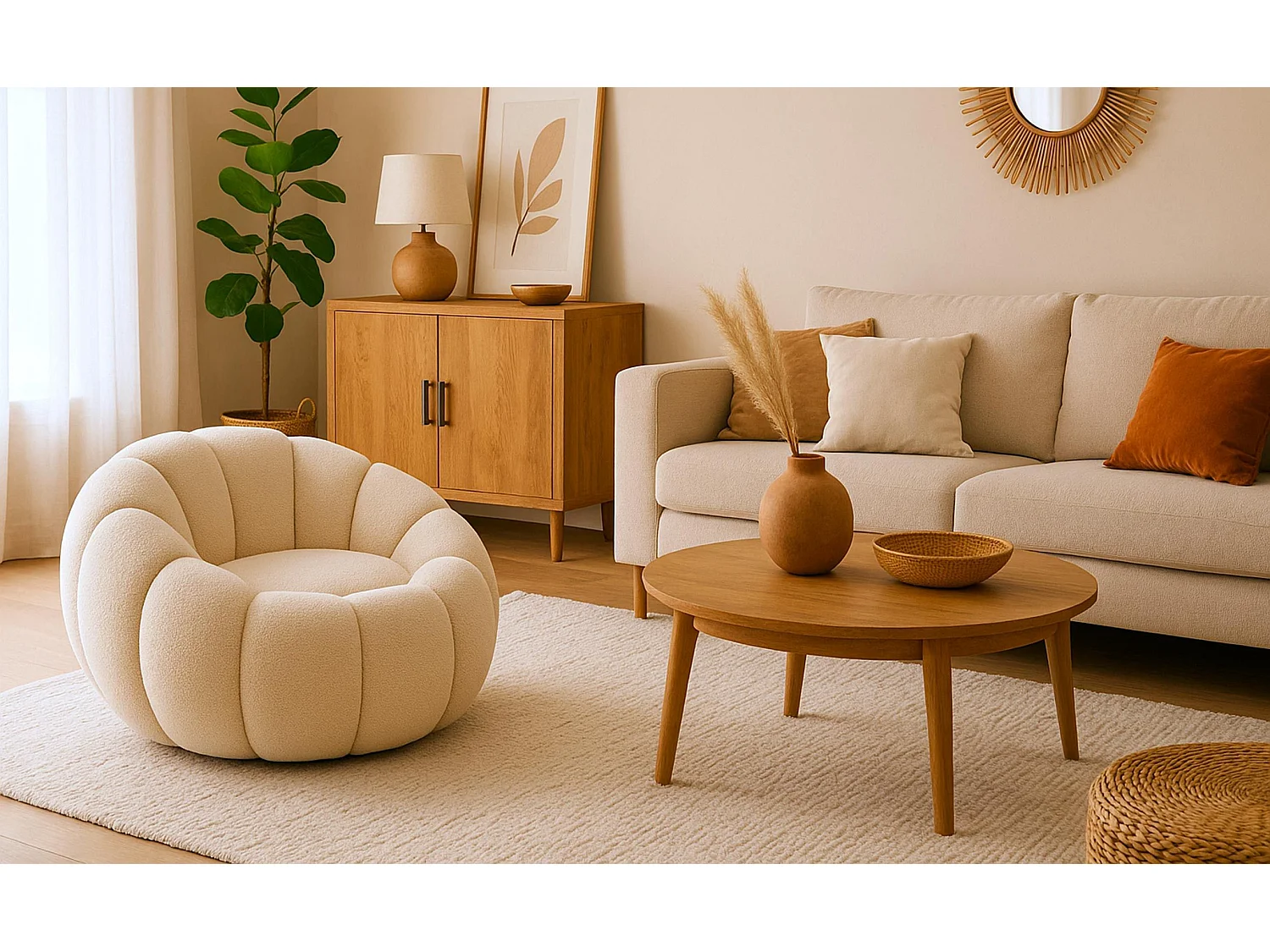 Fauteuil design coquillage Horizan Tissu bouclette Crème