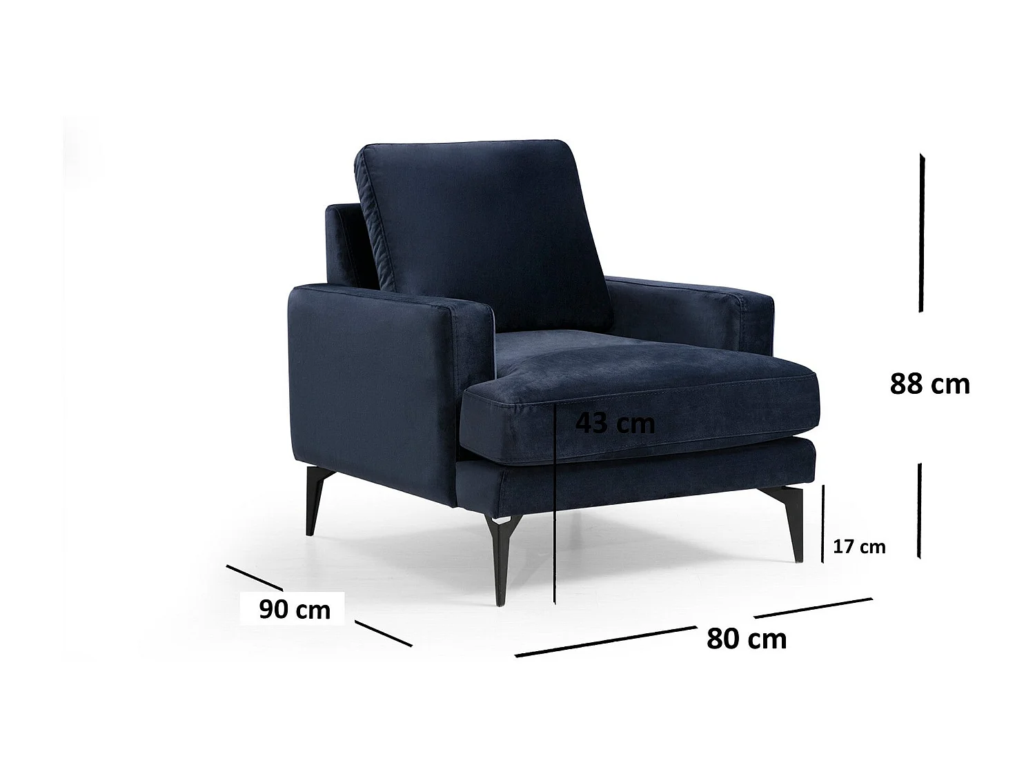 Poltrona Elegante, Azul Marinho, 80 x 90 x 88 cm | Estrutura em Madeira de Faia e Aglomerado, 100% Poliéster, Almofadas de Espuma Macia | Design Indus