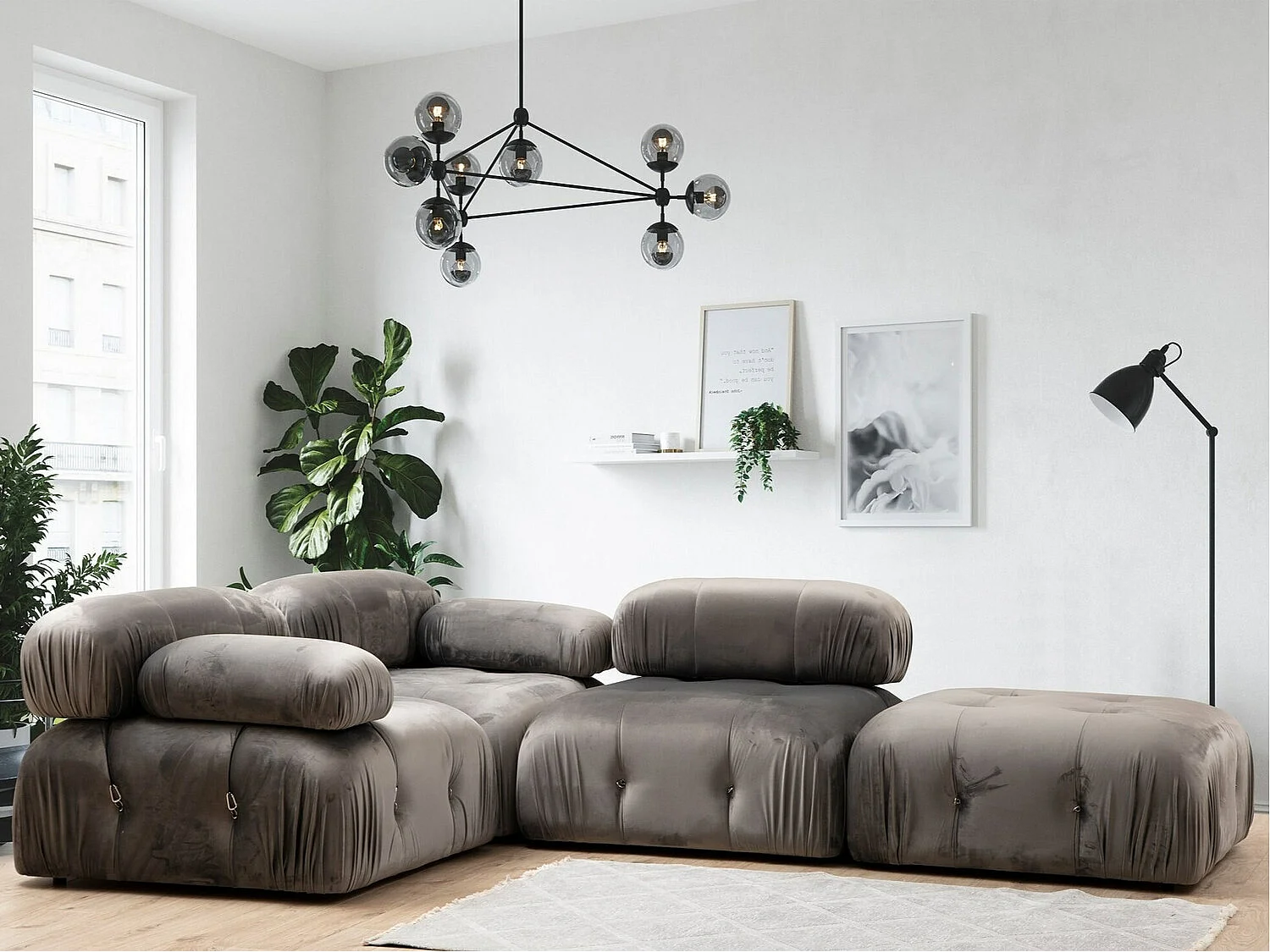 Fauteuil accoudoir ou module d'angle gauche Nourhane Velours Gris