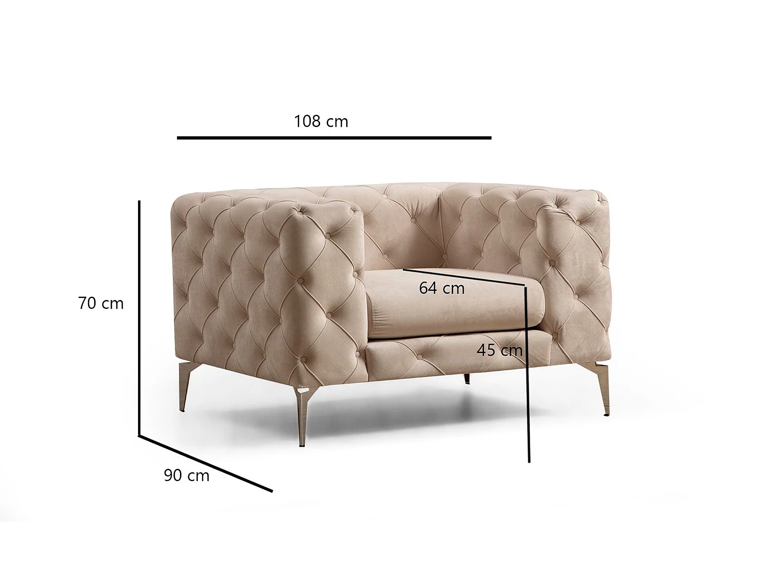 Chesterfield sillón Altadena 358, De color marrón claro, 70x108x90cm, Tapiz, Patas: Metal