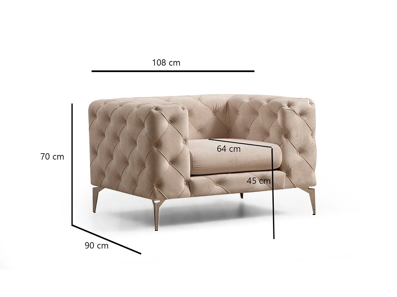 Chesterfield sillón Altadena 358, De color marrón claro, 70x108x90cm, Tapiz, Patas: Metal