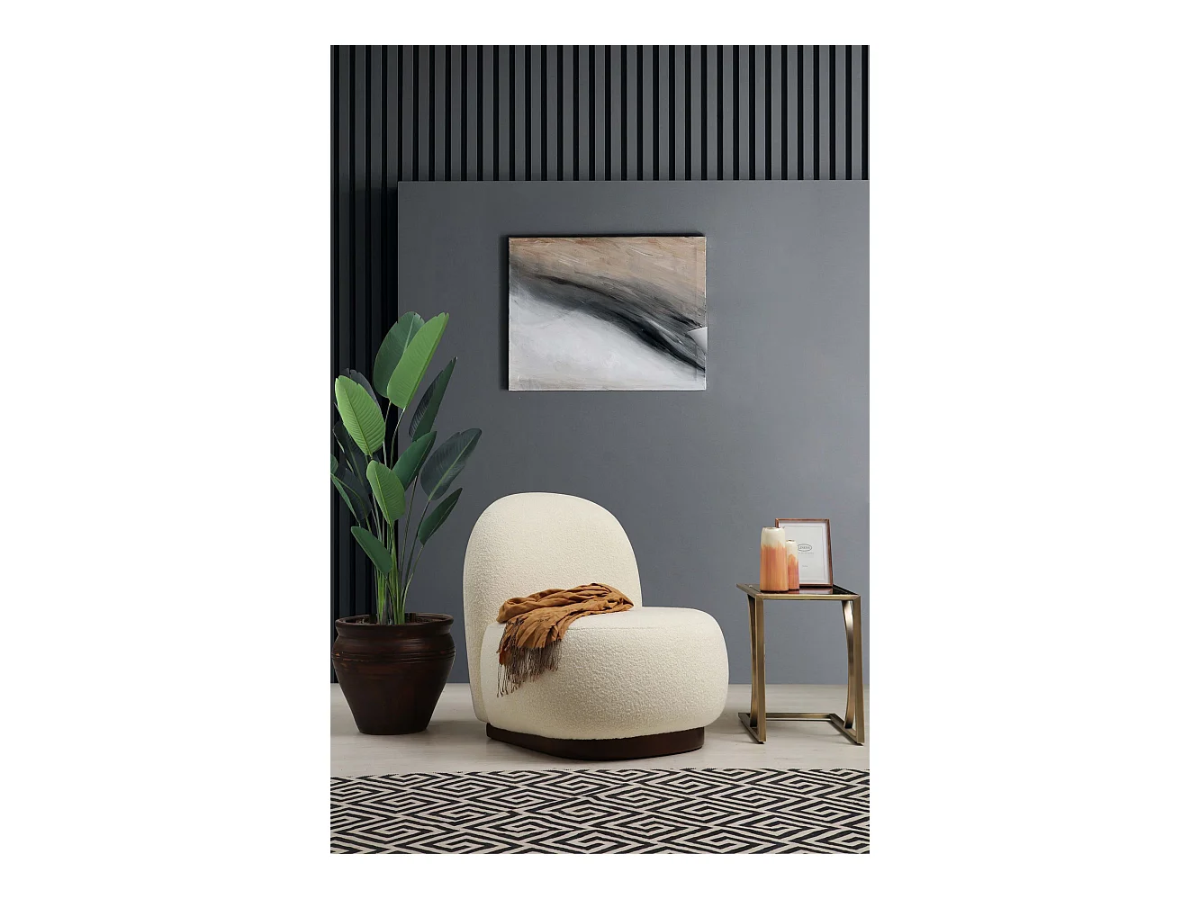 Elegante fauteuil, wit bouclé, 74 x 85 x 75 cm | Frame van beukenhout en spaanplaat, 100% polyester, poten van walnoothout | Perfect om te d