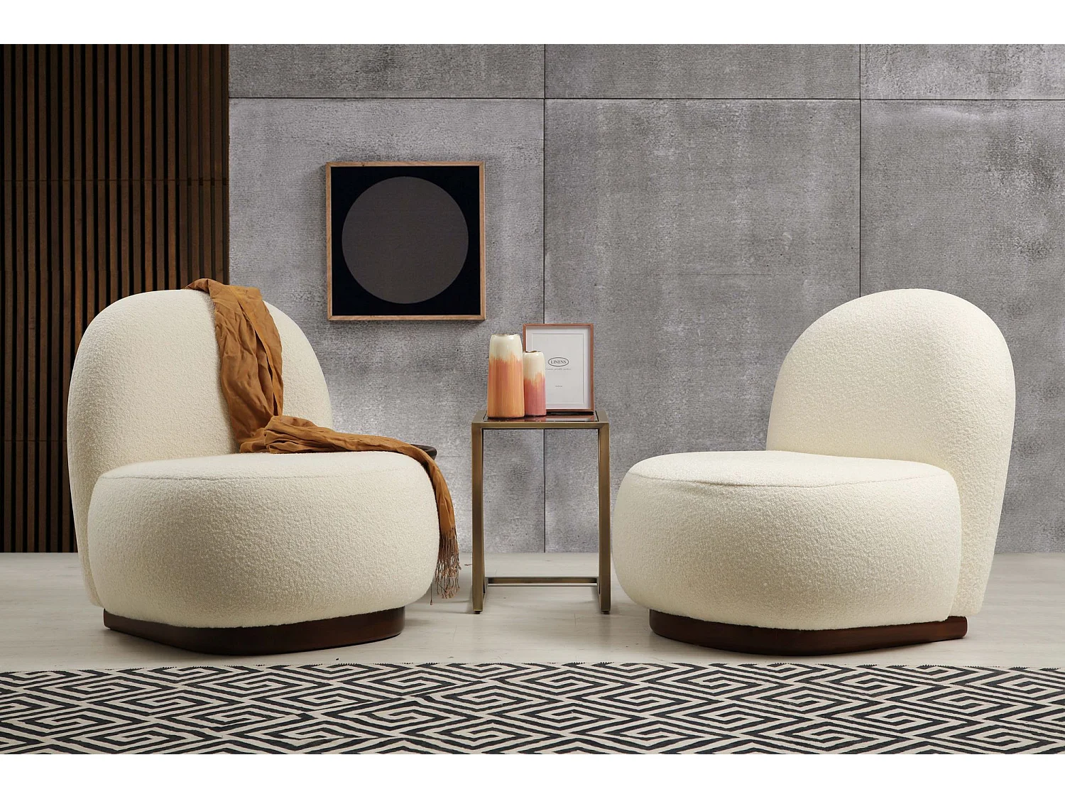 Poltrona Elegante, Bouclet Branco, 74 x 85 x 75 cm | Estrutura em madeira de faia e aglomerado, 100% poliéster, pernas em nogueira | Perfeita para dec