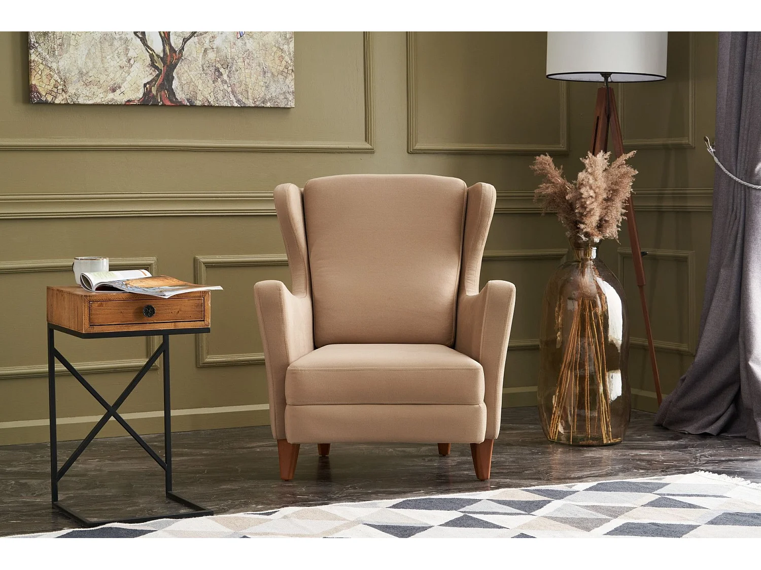 Sillón Altadena 471, De color marrón claro, 98x77x80cm, Tapiz, Patas: Madera