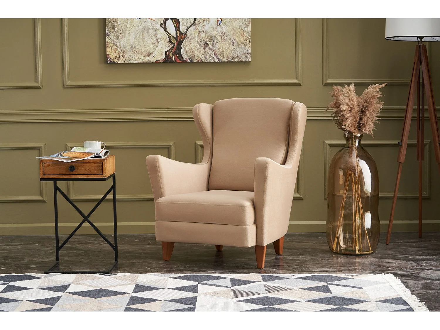 Sillón Altadena 471, De color marrón claro, 98x77x80cm, Tapiz, Patas: Madera