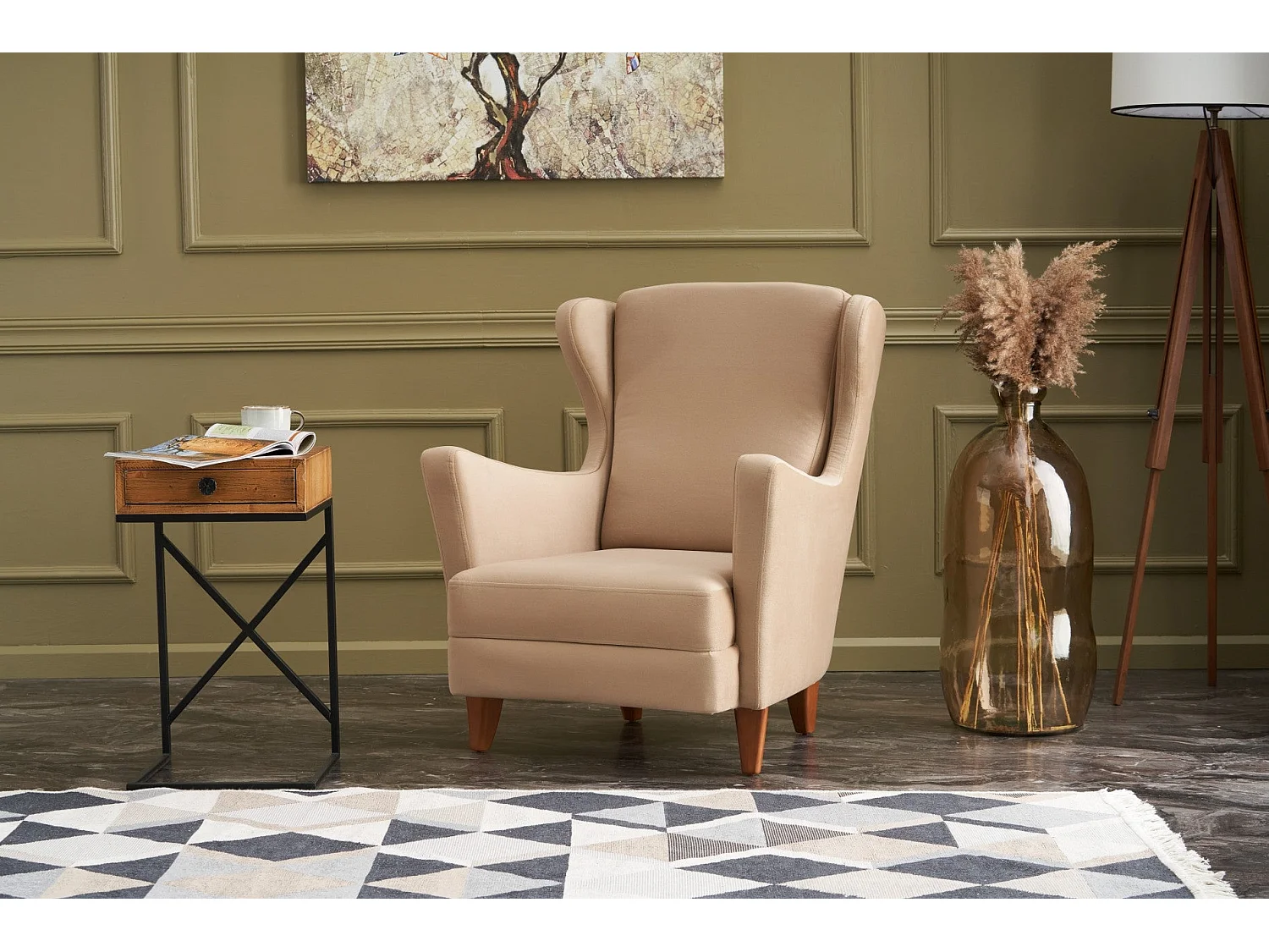 Sillón Altadena 471, De color marrón claro, 98x77x80cm, Tapiz, Patas: Madera