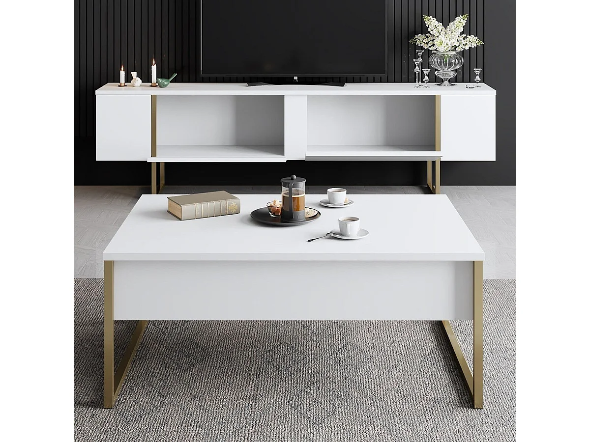 Mesa de tv Kailua Z100, Blanco|Dorado, Número de puertas: 2.00, 180x50x30cm