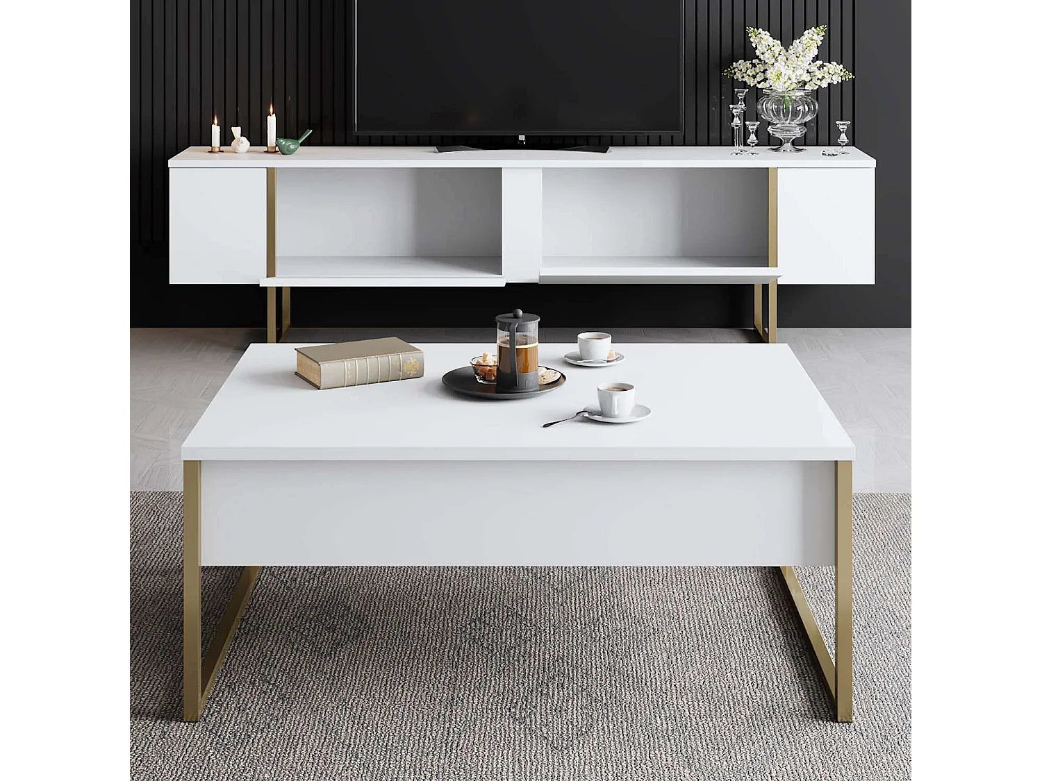 Stojak pod TV – 180 x 30 x 50 cm – Biały i złoty – Płyta wiórowa
