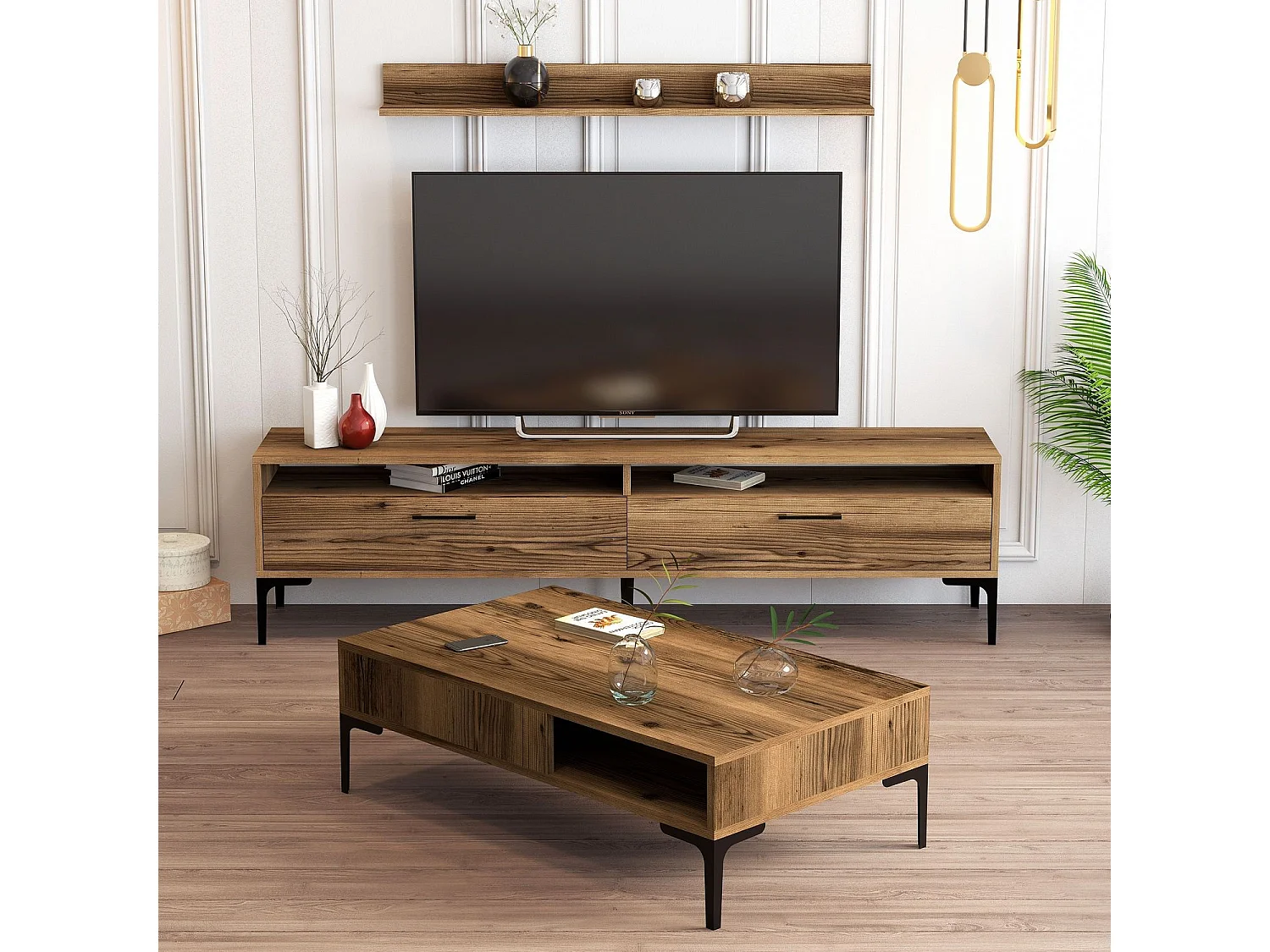 Meuble TV moderne 180cm avec table basse et étagère Varnus Bois
