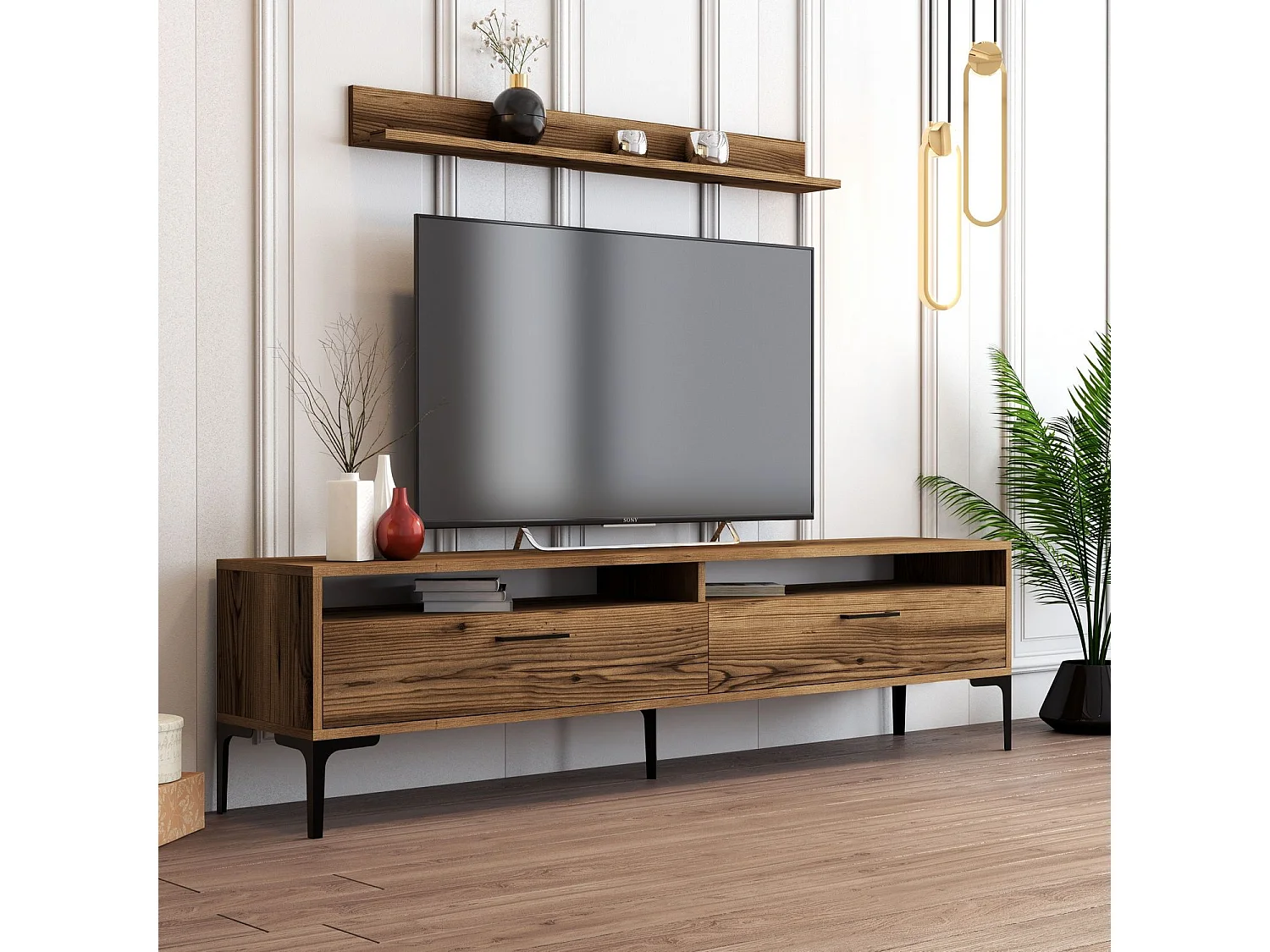 Meuble TV moderne 180cm avec table basse et étagère Varnus Bois
