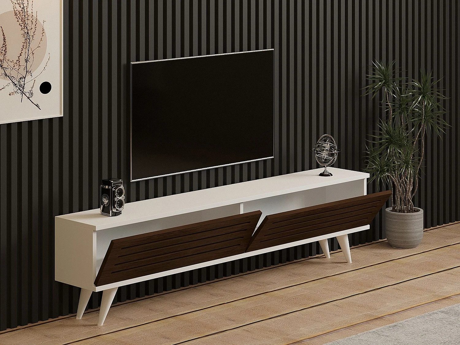 Mueble de TV – 160 cm x 40 cm x 25 cm – Nogal y Blanco – MDF y Madera Maciza