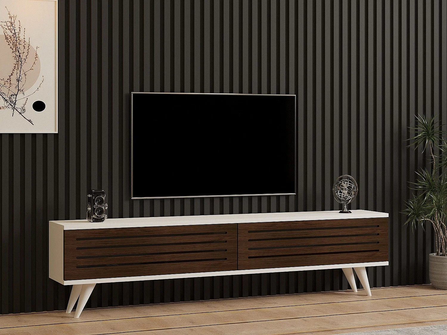 Mobile TV – 160 cm x 40 cm x 25 cm – Noce e Bianco – MDF e Legno Massello