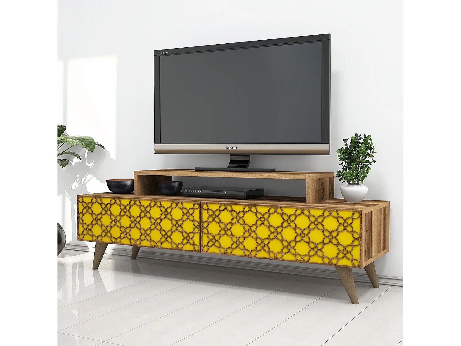 Mueble de TV – 140 cm – Nogal y Amarillo – Melamina
