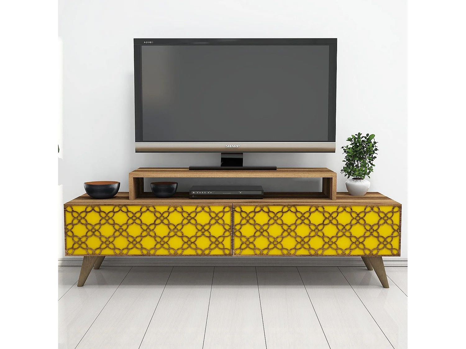 Mueble de TV – 140 cm – Nogal y Amarillo – Melamina