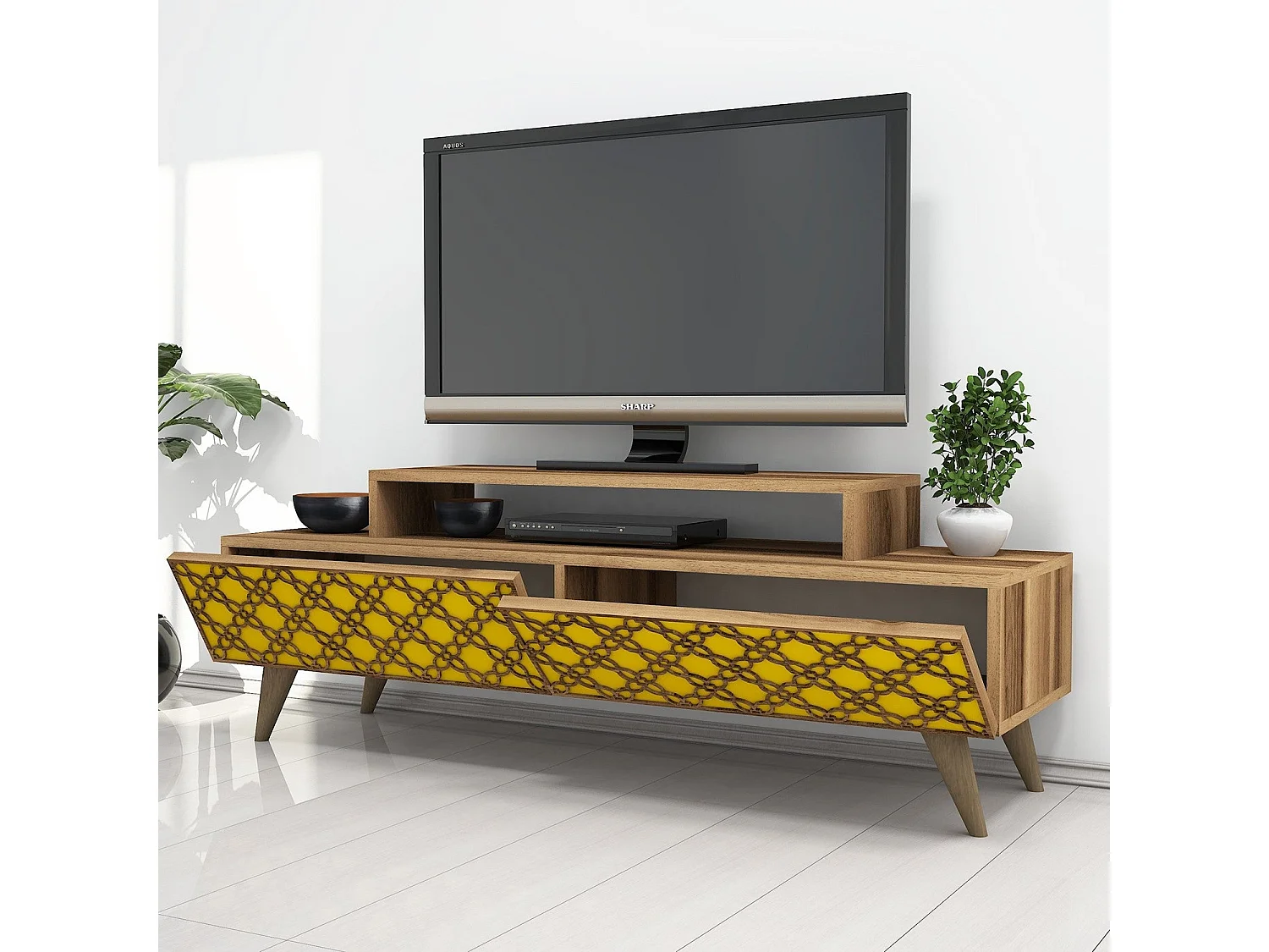 Mueble de TV – 140 cm – Nogal y Amarillo – Melamina