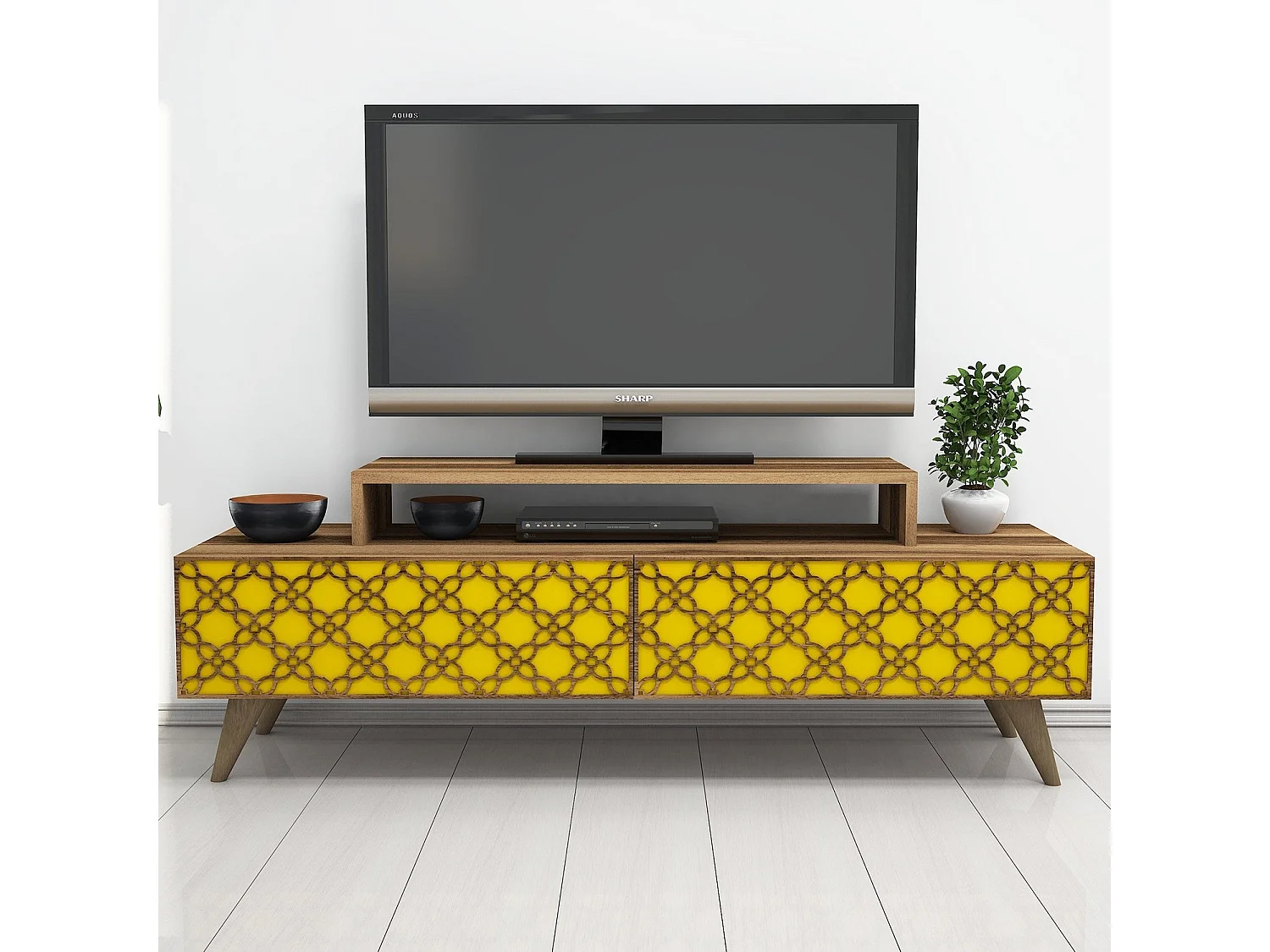 Mueble de TV – 140 cm – Nogal y Amarillo – Melamina