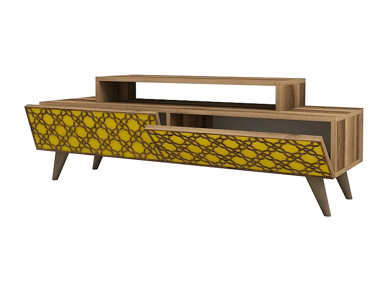 Móvel de TV – 140 cm – Nogueira e Amarelo – Melamina
