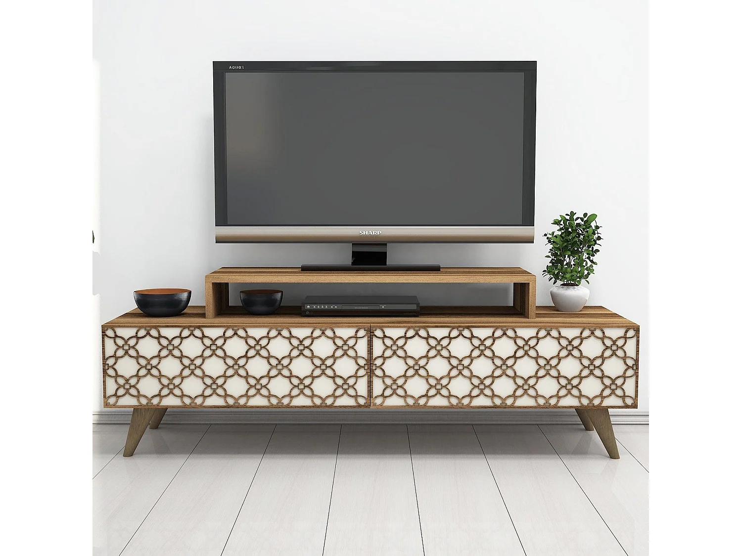Mesa de tv Kailua 160, Crema|Nuez, Número de puertas: 2.00, 140x49x42cm