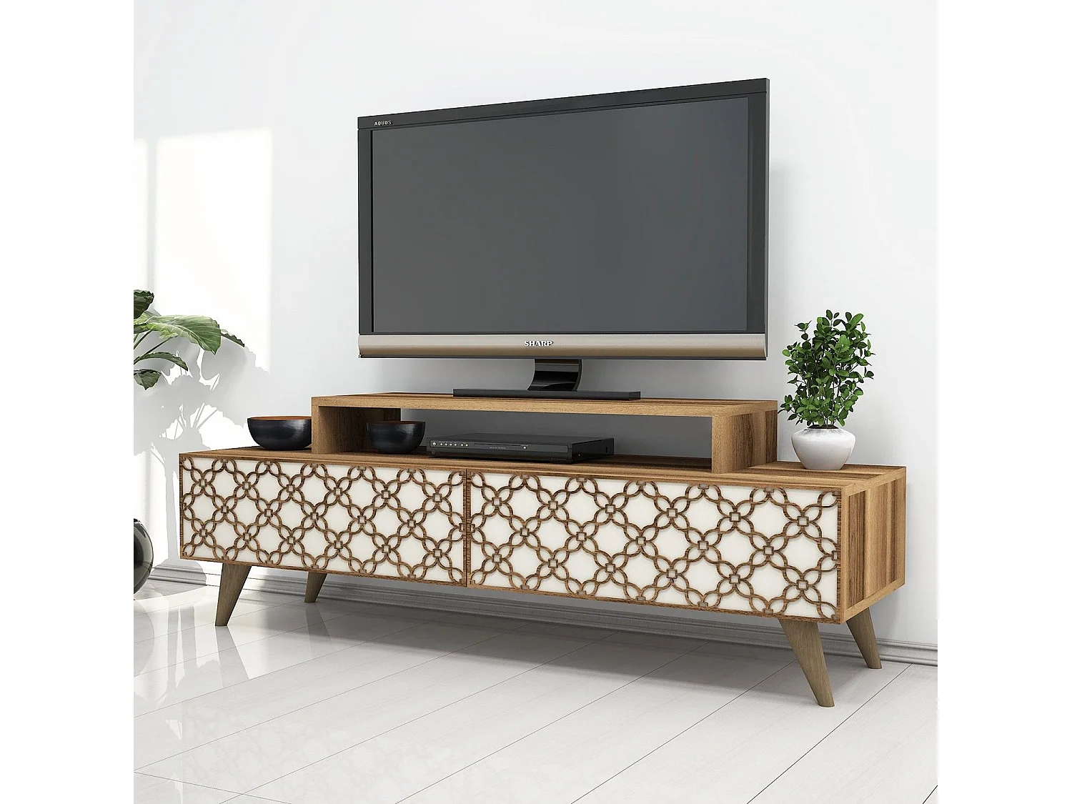 Meuble TV 2 portes basculante Dives L140cm Bois Motif Arabesque Blanc crème et Naturel