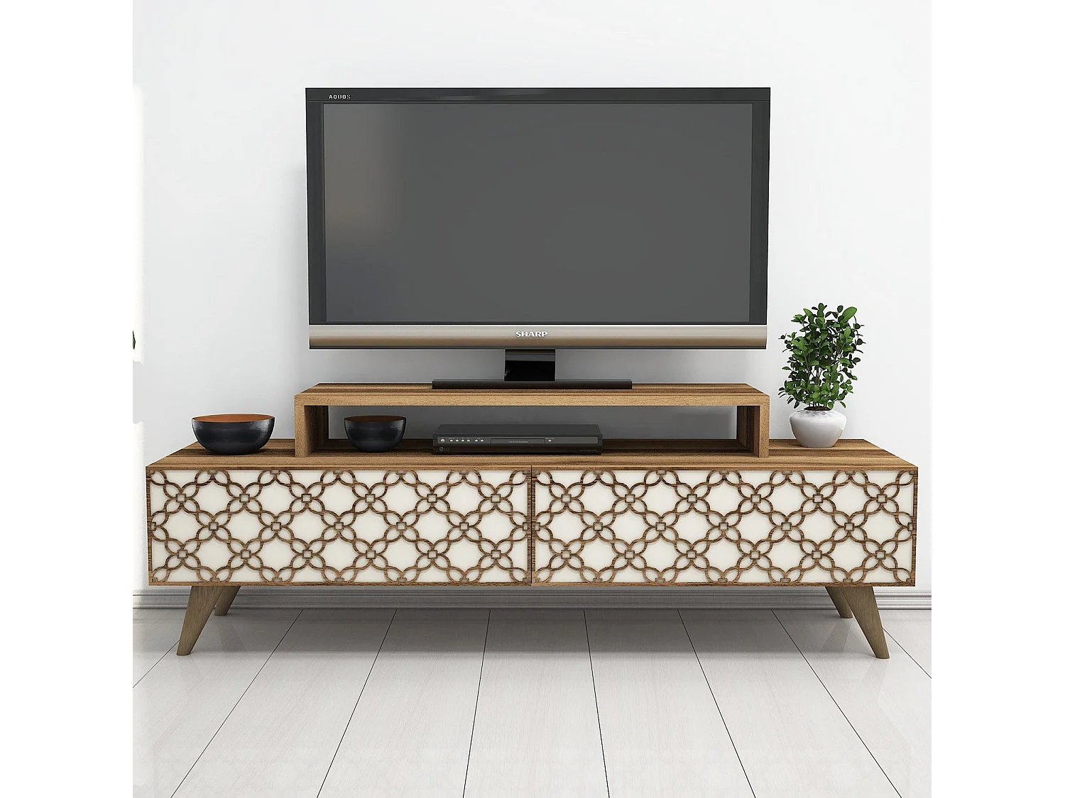 Meuble TV 2 portes basculante Dives L140cm Bois Motif Arabesque Blanc crème et Naturel