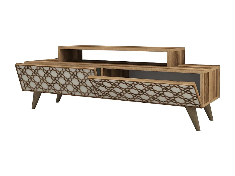 Meuble TV 2 portes basculante Dives L140cm Bois Motif Arabesque Blanc crème et Naturel