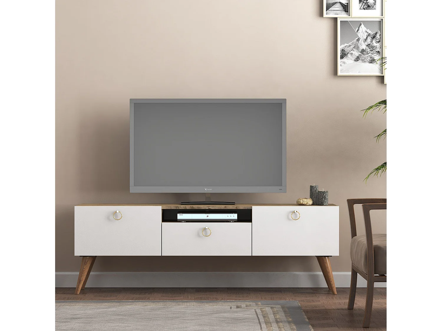 Meuble TV style scandinave Derima L140cm Bois clair et Blanc