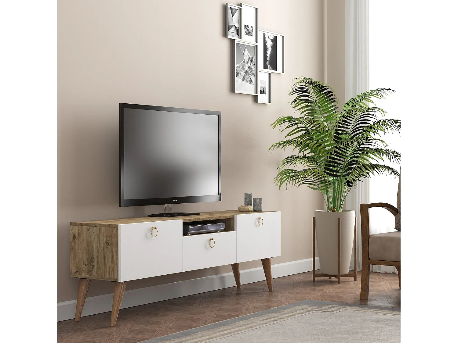 Meuble TV style scandinave Derima L140cm Bois clair et Blanc