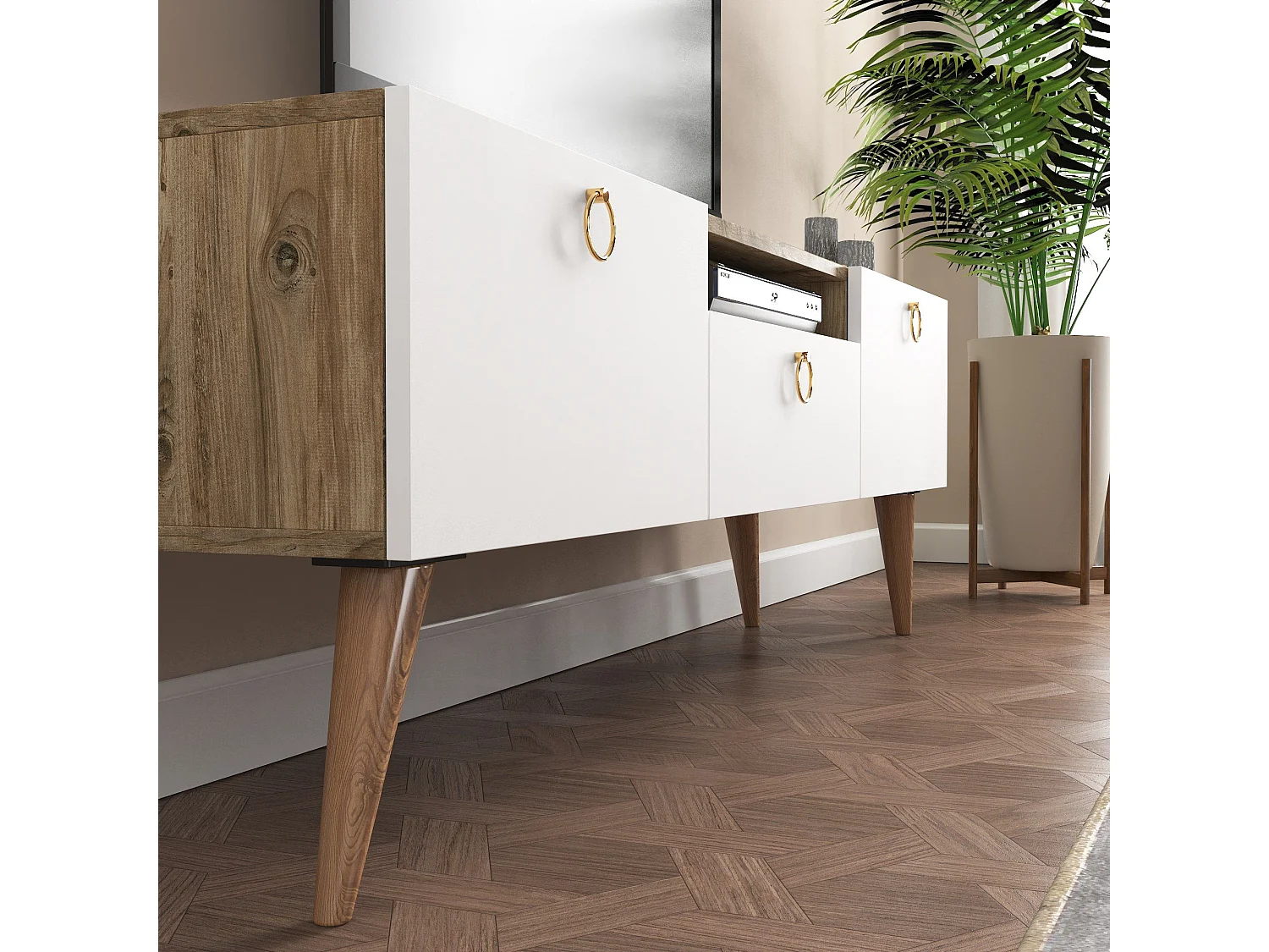 Meuble TV style scandinave Derima L140cm Bois clair et Blanc