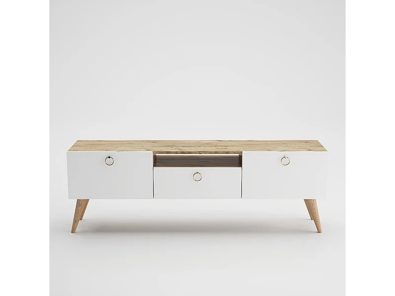 Meuble TV style scandinave Derima L140cm Bois clair et Blanc