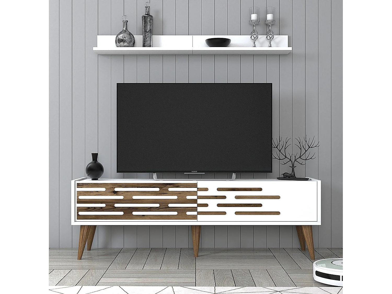 Móvel de TV moderno – 140 cm de largura – Branco – Melamina