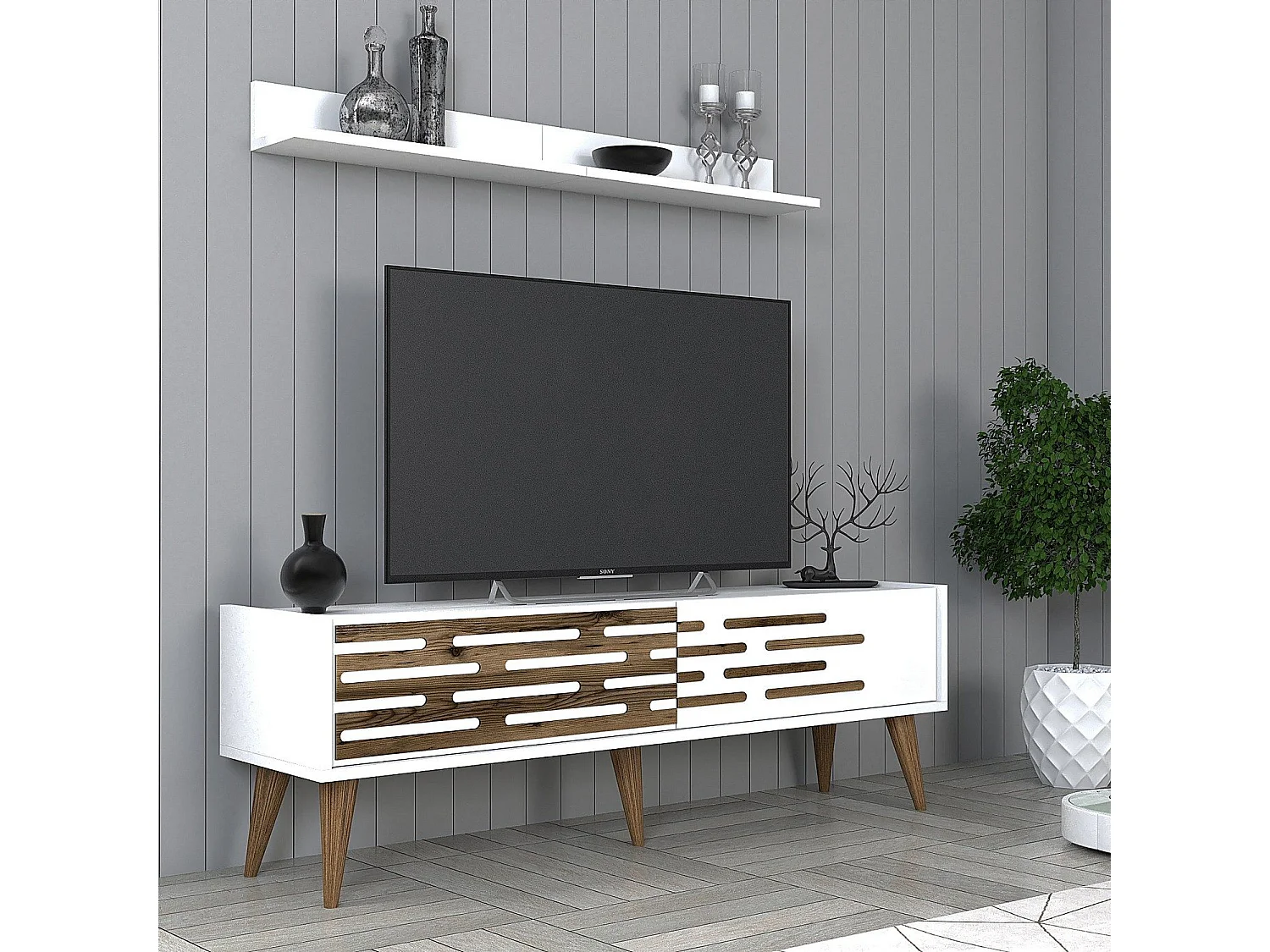 Móvel de TV moderno – 140 cm de largura – Branco – Melamina