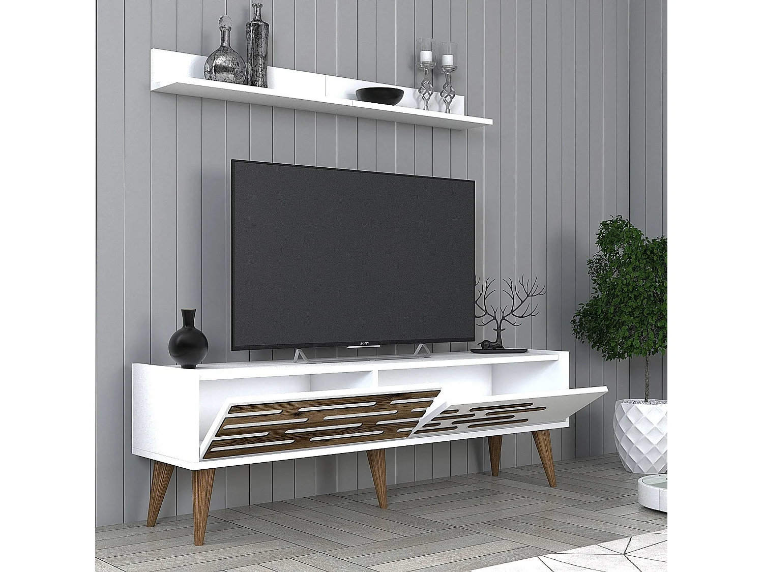Móvel de TV moderno – 140 cm de largura – Branco – Melamina