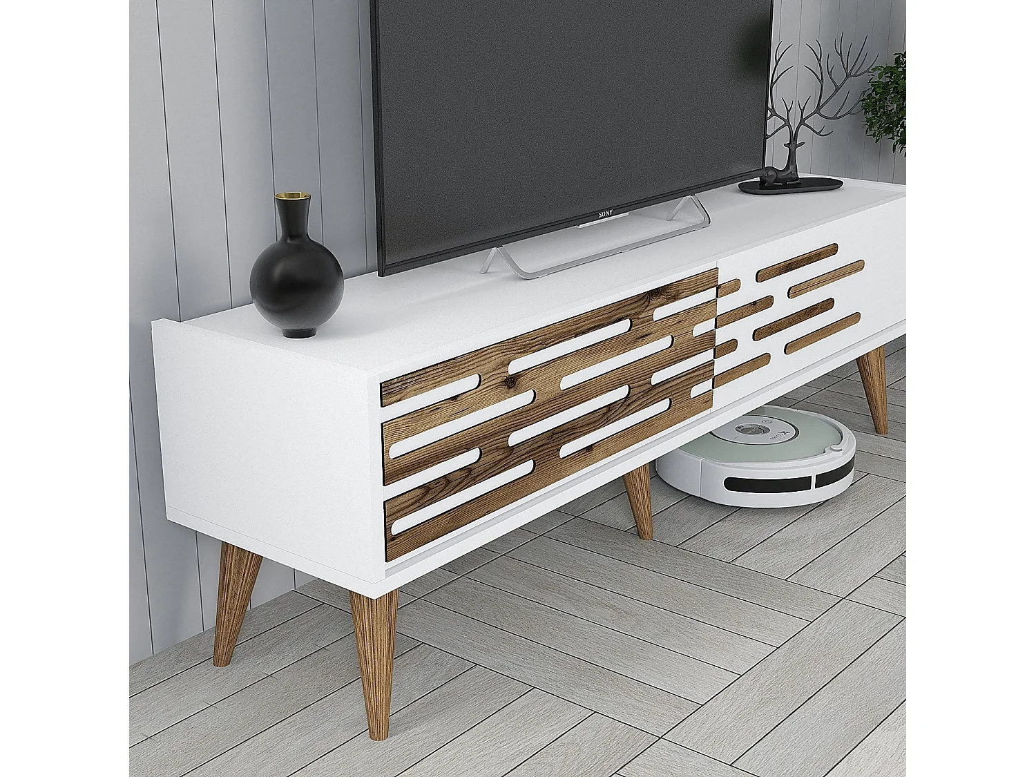 Moderner TV-Ständer – 140 cm breit – Weiß – Melamin