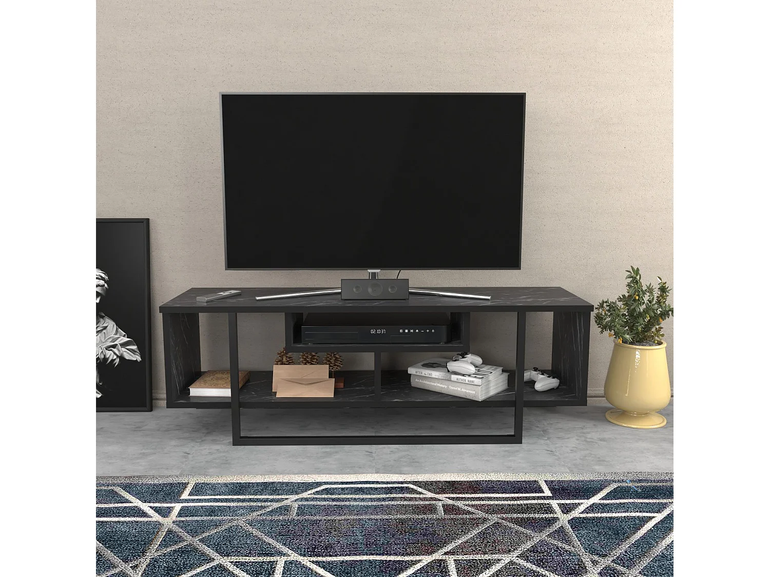 Meuble TV Nikolai 120cm Noir et Noir Effet marbre
