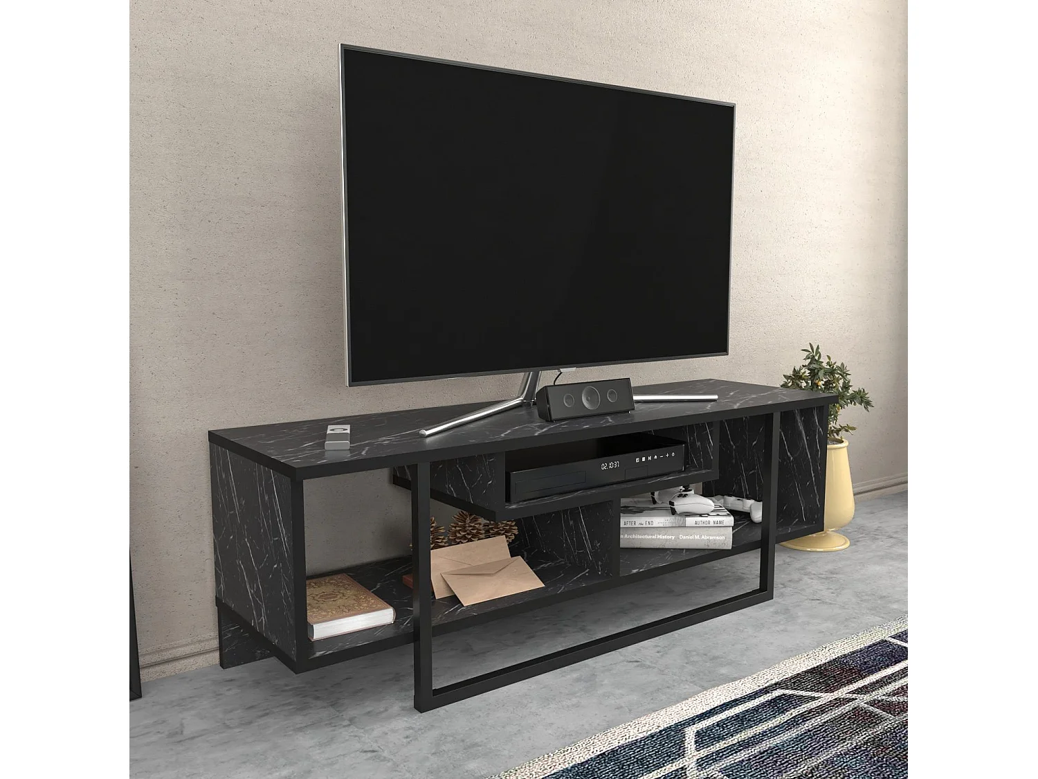 Meuble TV Nikolai 120cm Noir et Noir Effet marbre