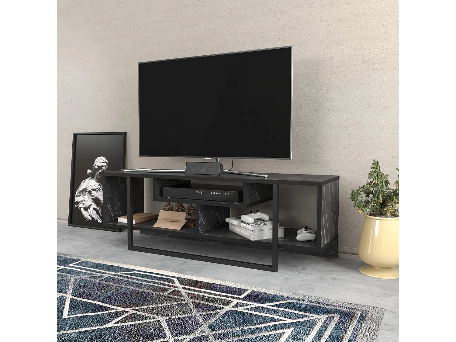 Meuble TV Nikolai 120cm Noir et Noir Effet marbre