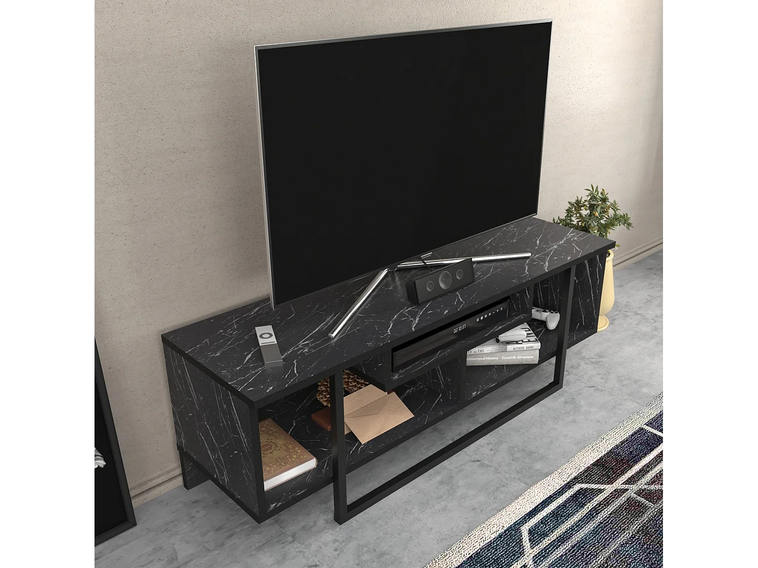 Meuble TV Nikolai 120cm Noir et Noir Effet marbre