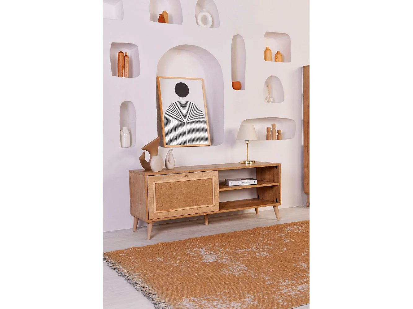 Elegante mueble de TV de roble, 138 x 55 x 41 cm | Tablero de partículas revestido 100 % melaminizado, patas de carpe (15 cm) | Perfecto para salones modernos