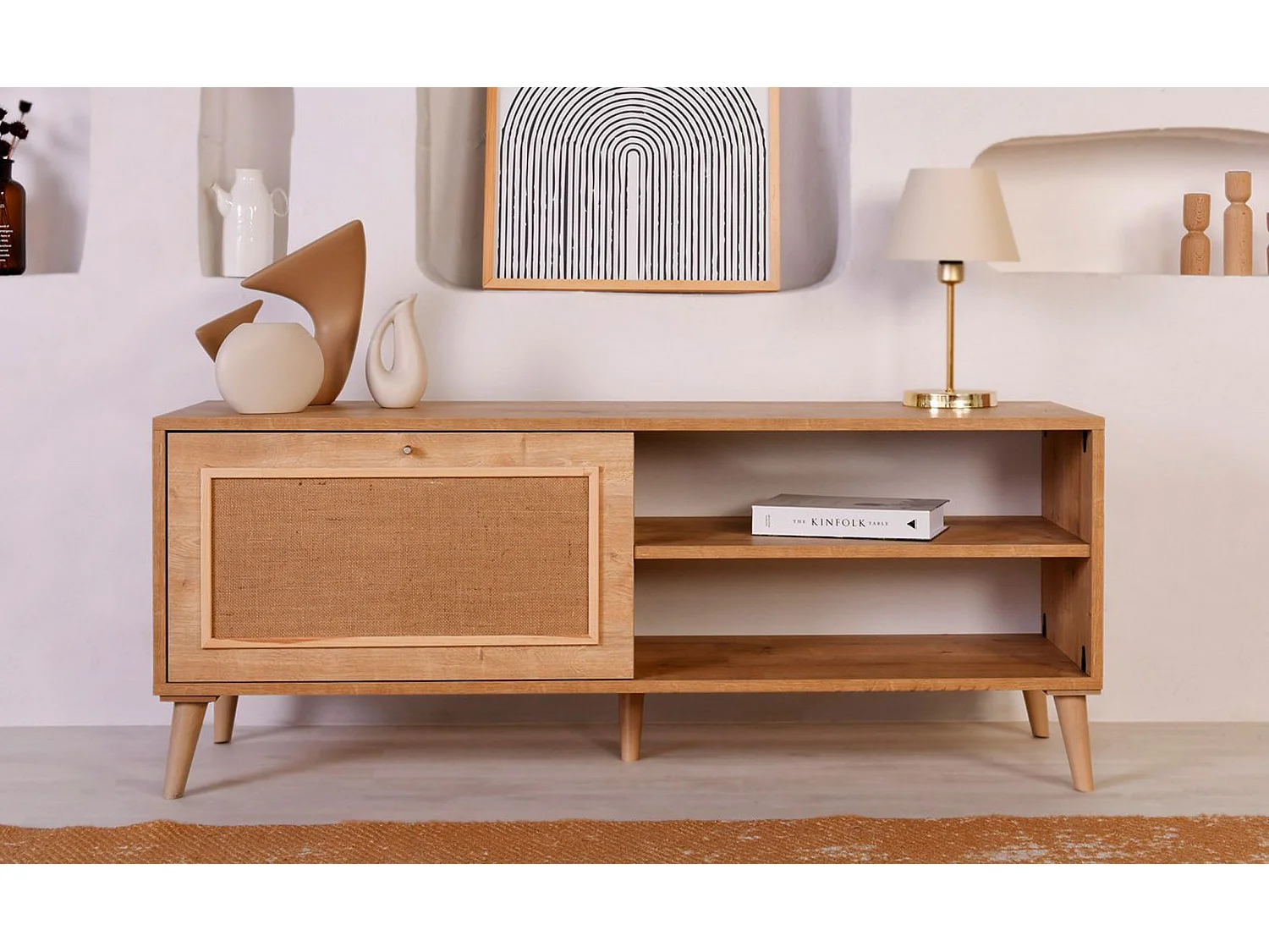 Eleganter TV-Ständer aus Eiche, 138 x 55 x 41 cm | 100 % melaminbeschichtete Spanplatte, Beine aus Weißbuche (15 cm) | Perfekt für moderne Wohnzimmer