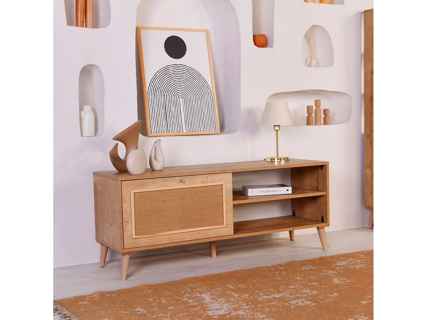 Eleganter TV-Ständer aus Eiche, 138 x 55 x 41 cm | 100 % melaminbeschichtete Spanplatte, Beine aus Weißbuche (15 cm) | Perfekt für moderne Wohnzimmer